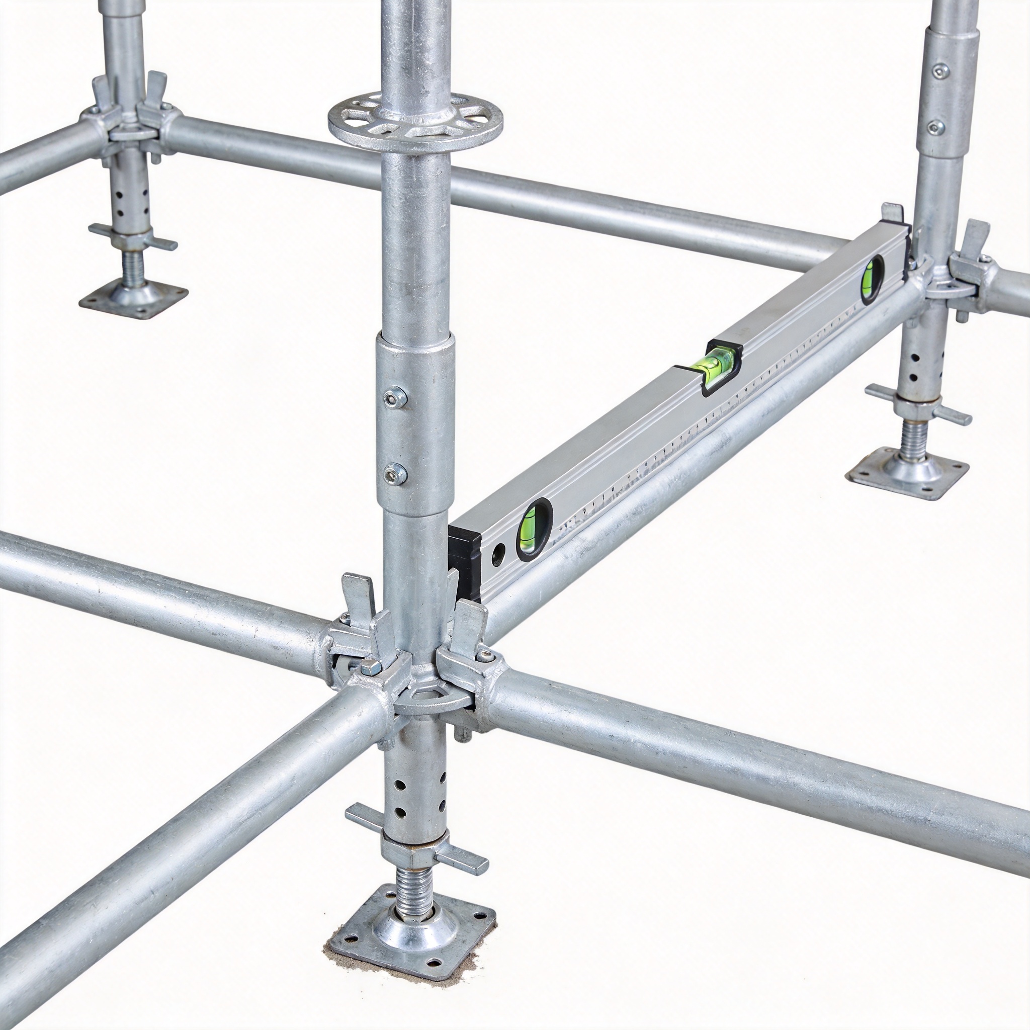 Assembling base frame and leveling jacks on aluminum scaffold