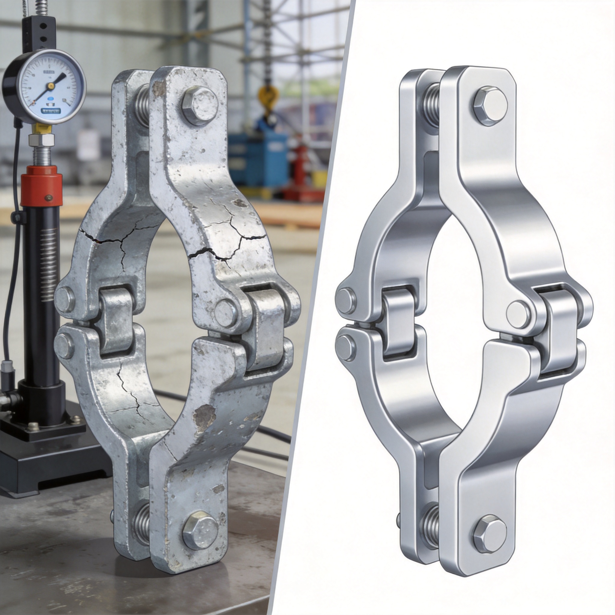 Scaffold inspector checking compliance tags and manufacturer markings on aluminum clamps