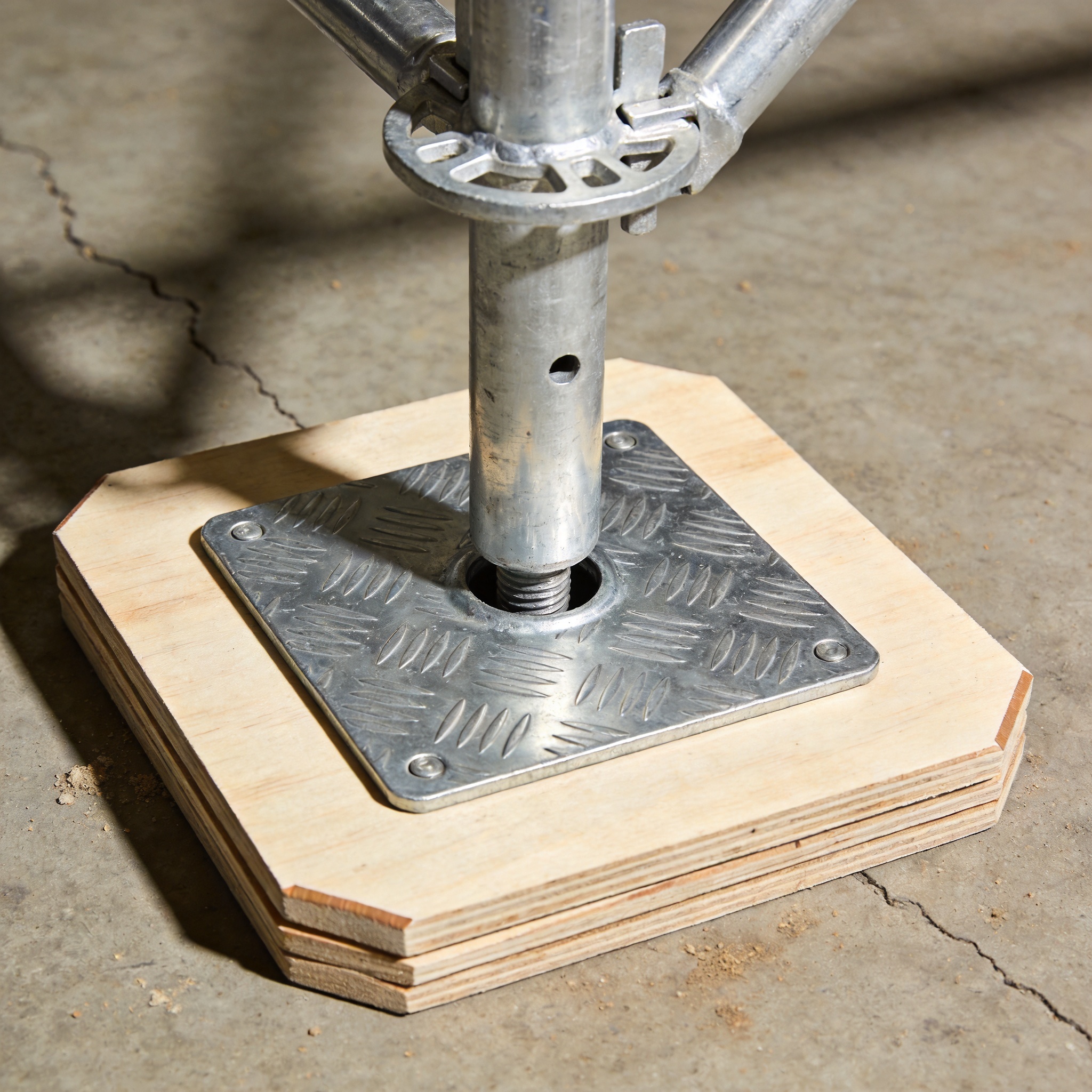 Diagram showing load spread from scaffold leg through base plate to sole board