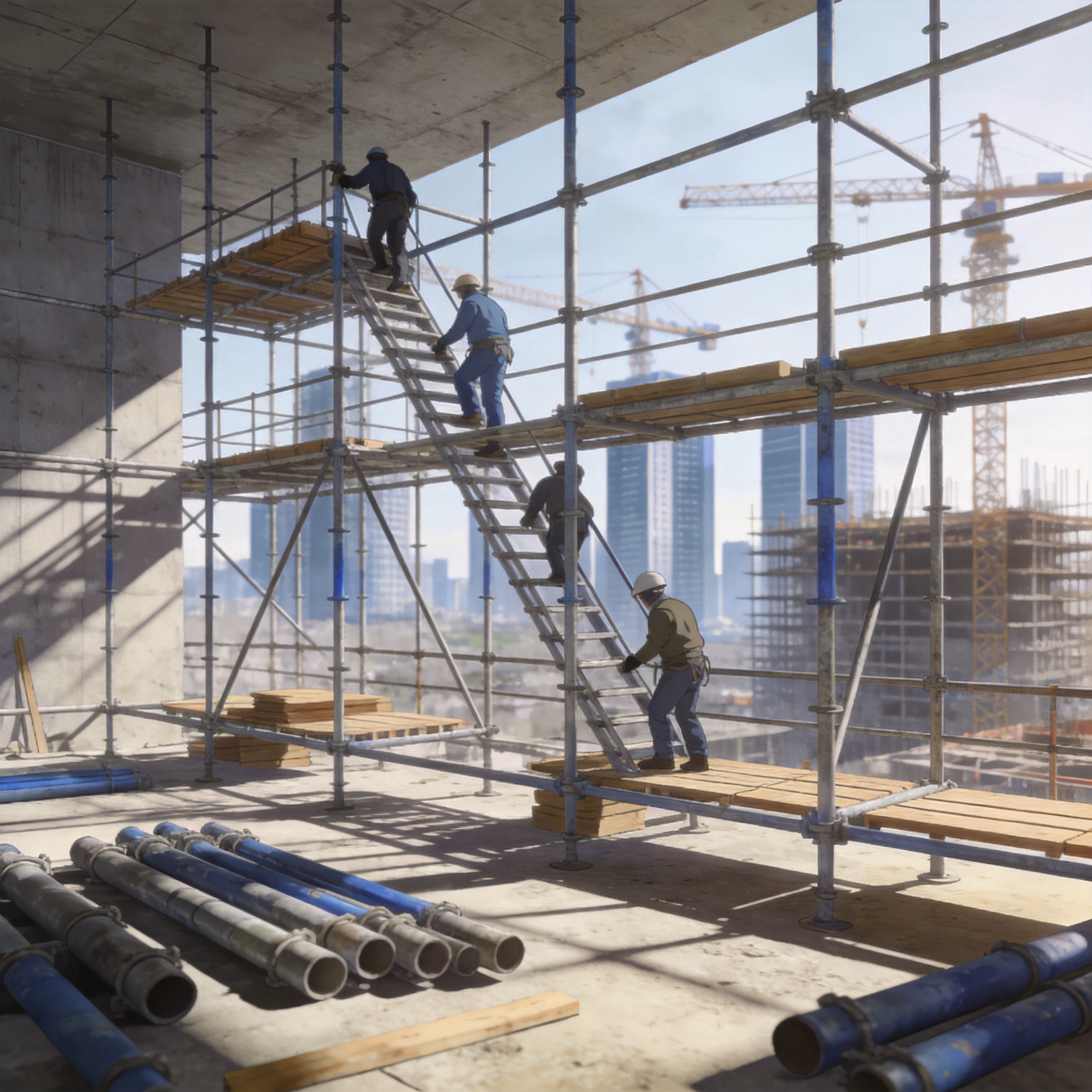 Urban construction site with scaffolding structures in 2025