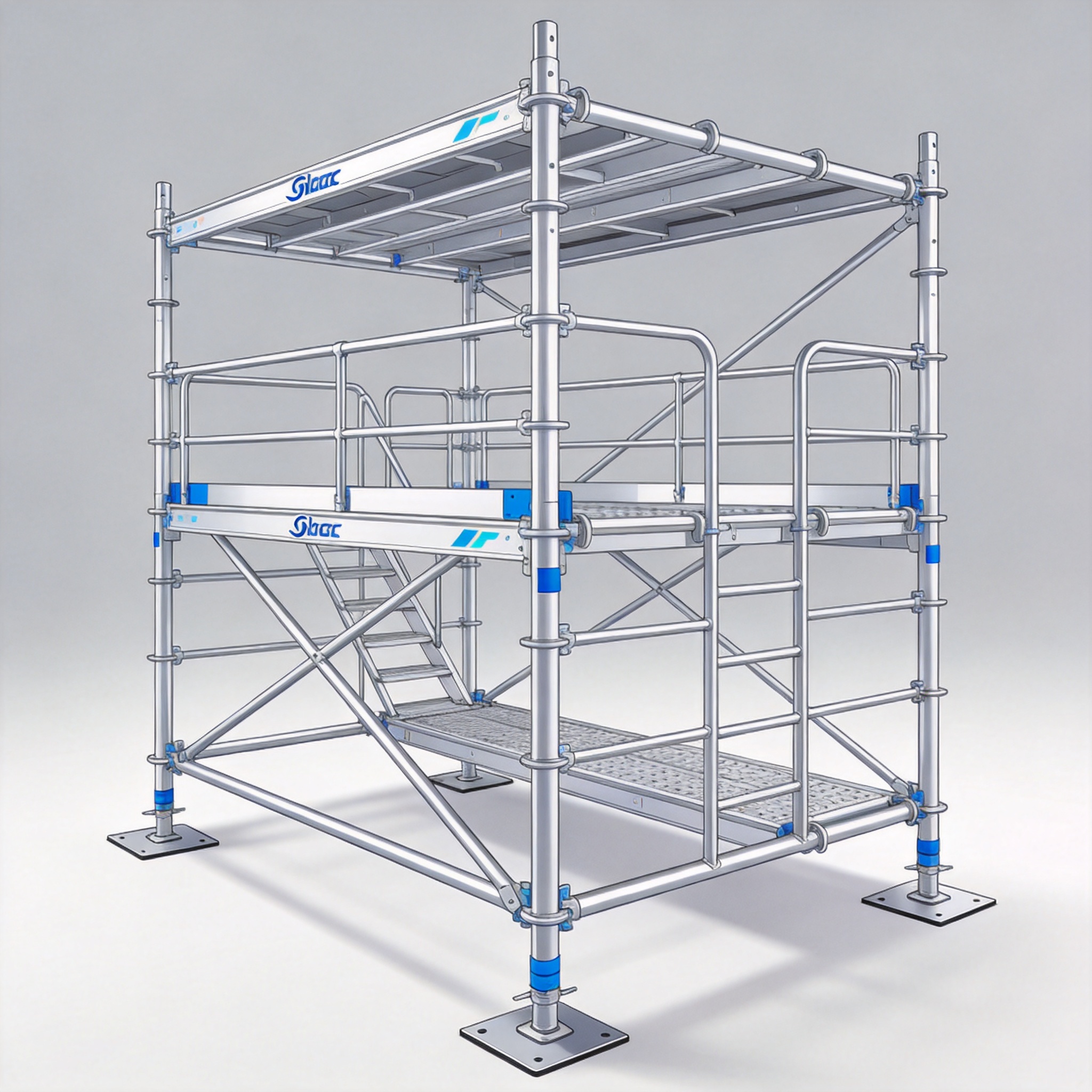 Branded aluminum scaffold tower with corporate logo on the main frame