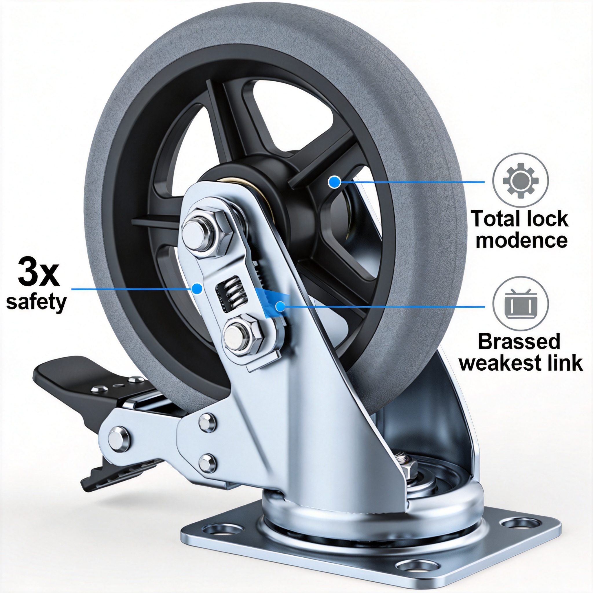 Caster total lock mechanism engaged on scaffold