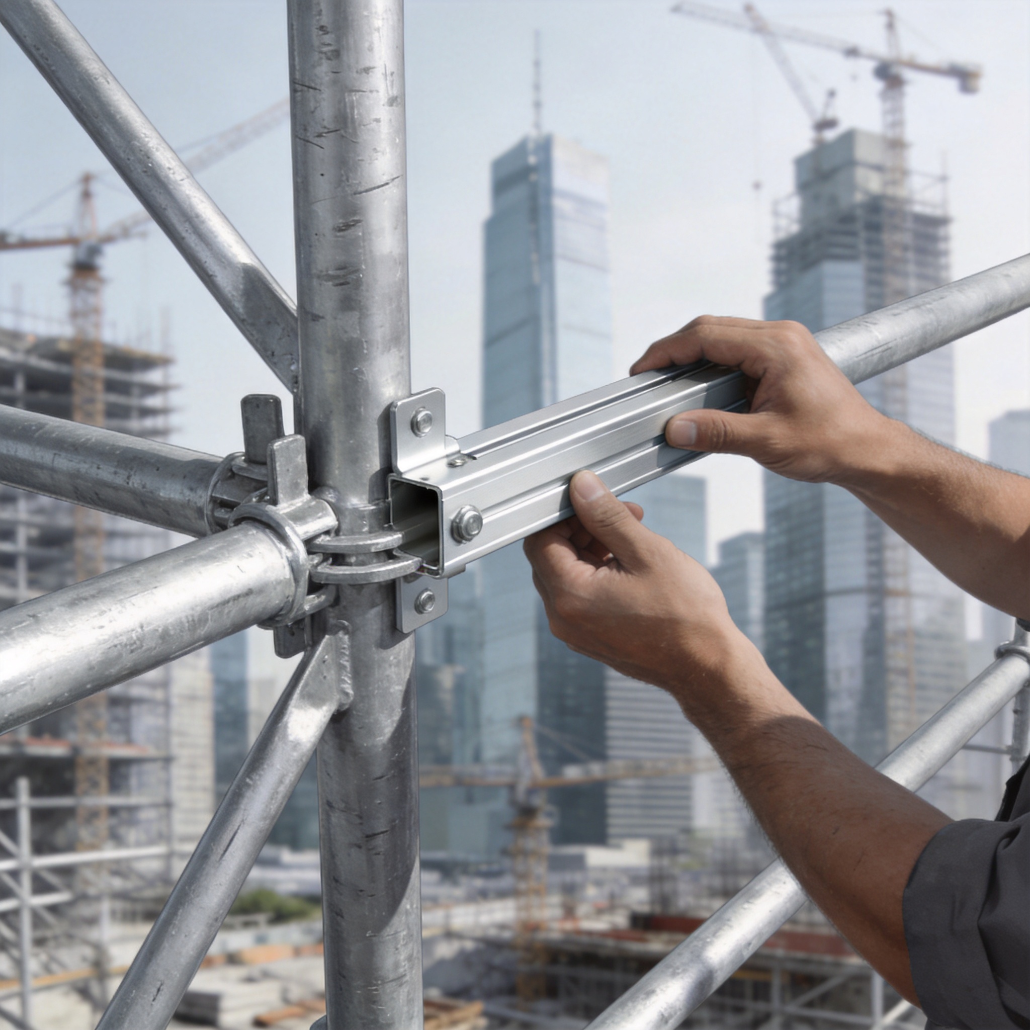 Construction worker assembling aluminum scaffolding on site