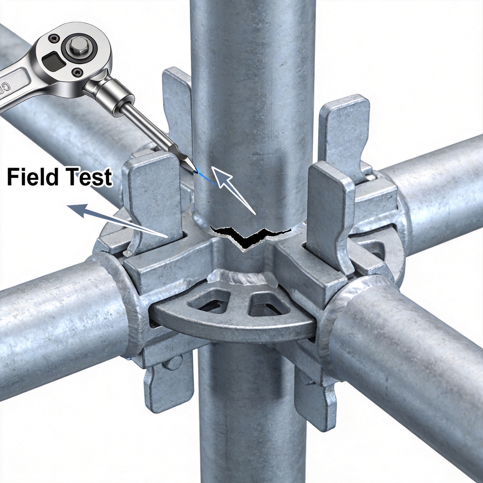 Safety inspector testing scaffold joint with torque wrench