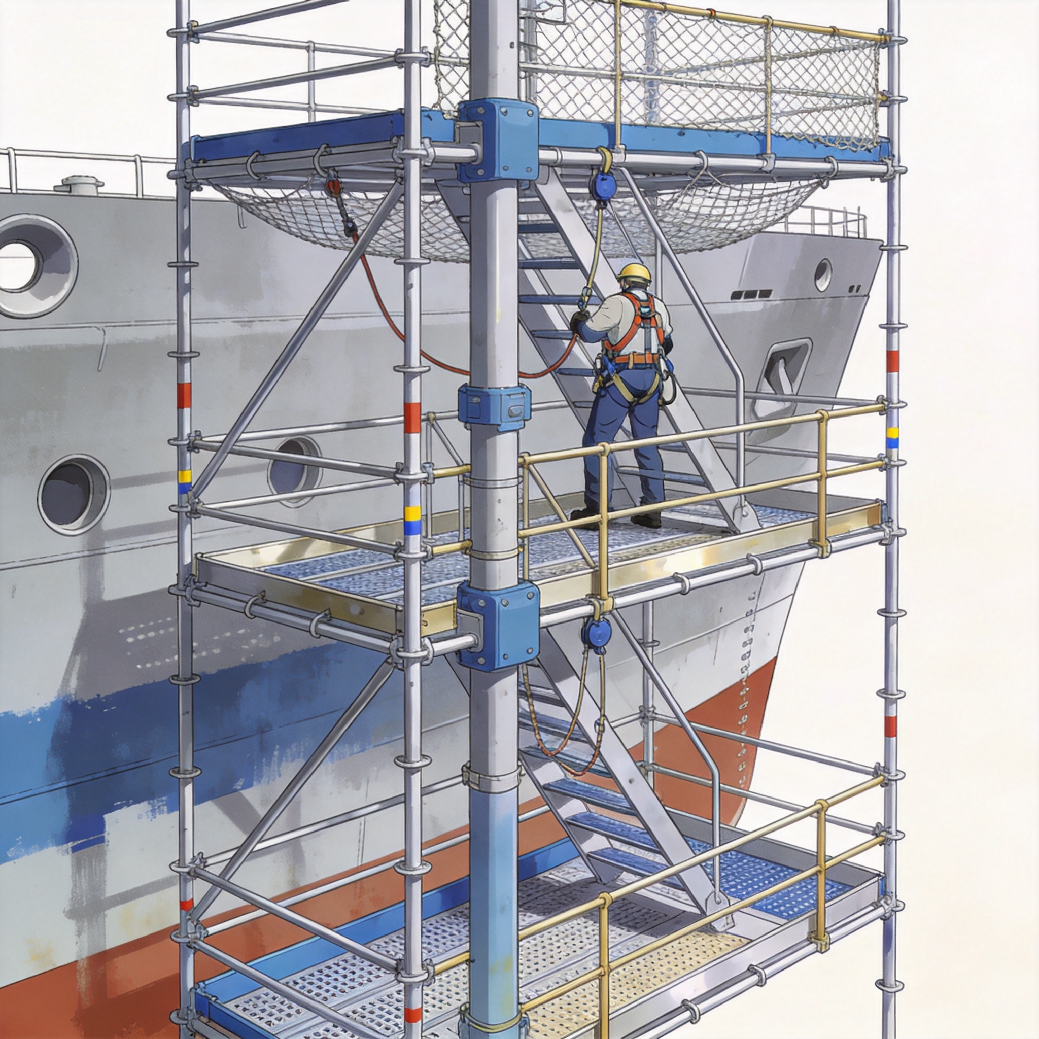 Scaffolding erected against a large ship hull for maintenance