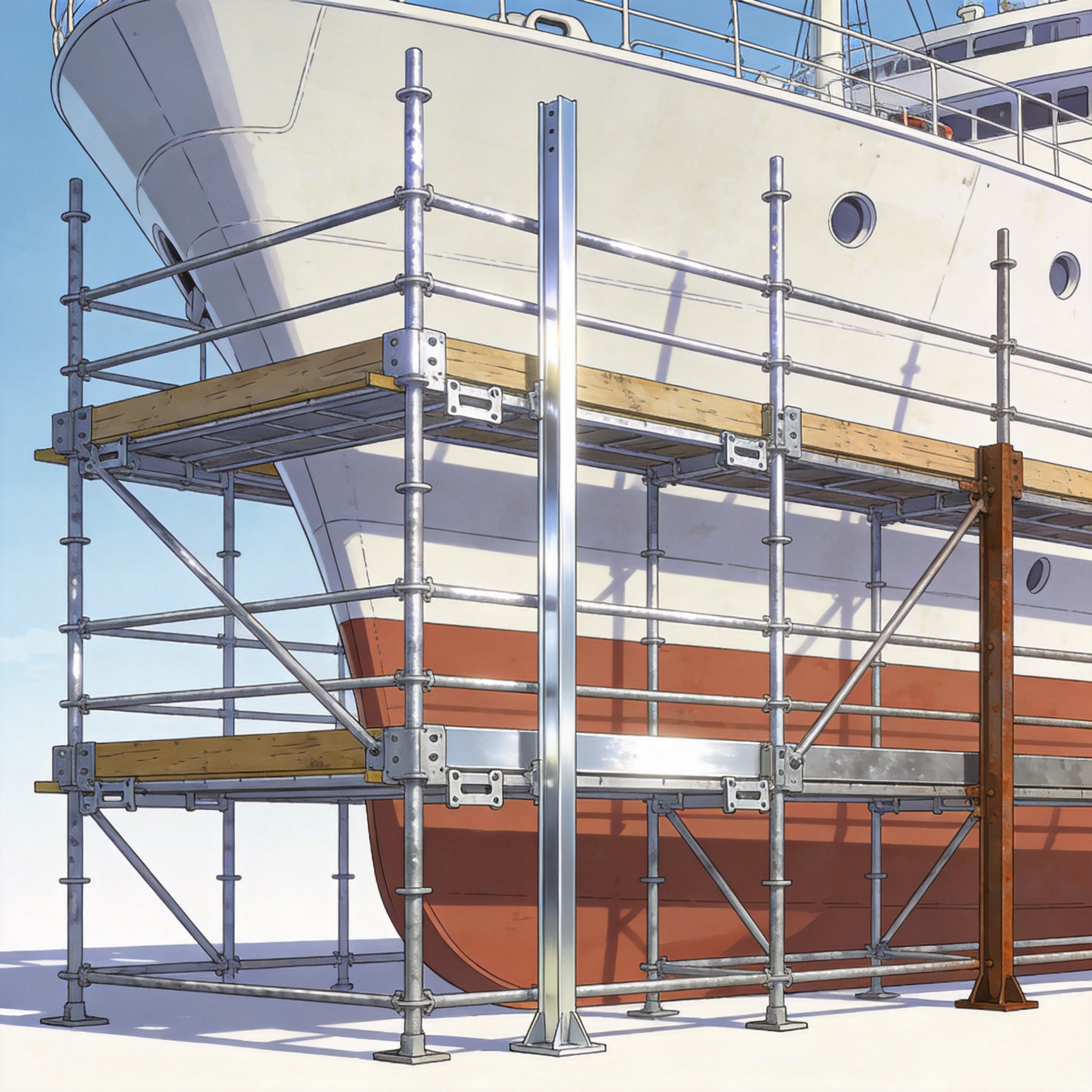 Workers adjusting scaffold transoms to fit the curved hull of a ship