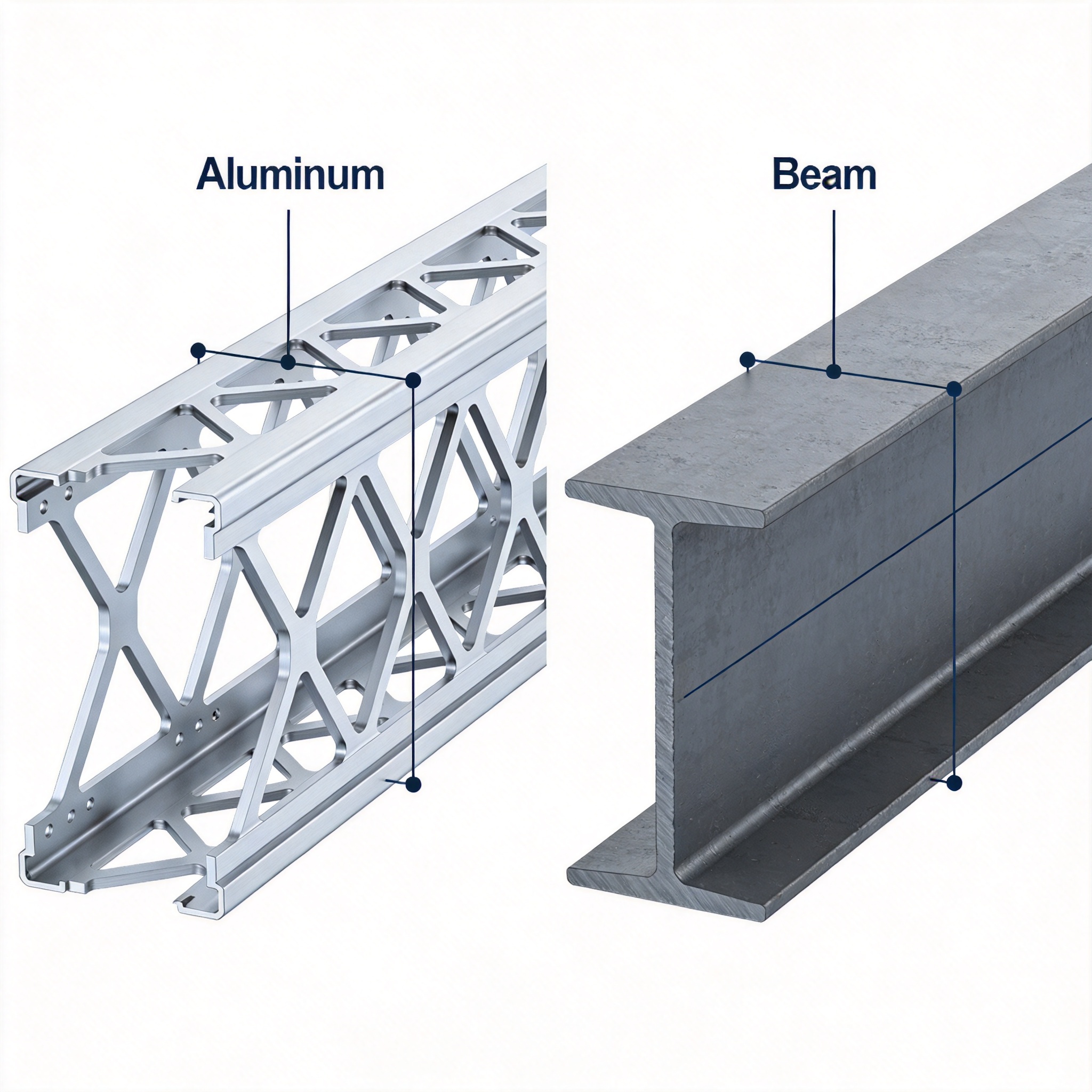 Aluminum lattice beam compared to steel I-beam on construction site